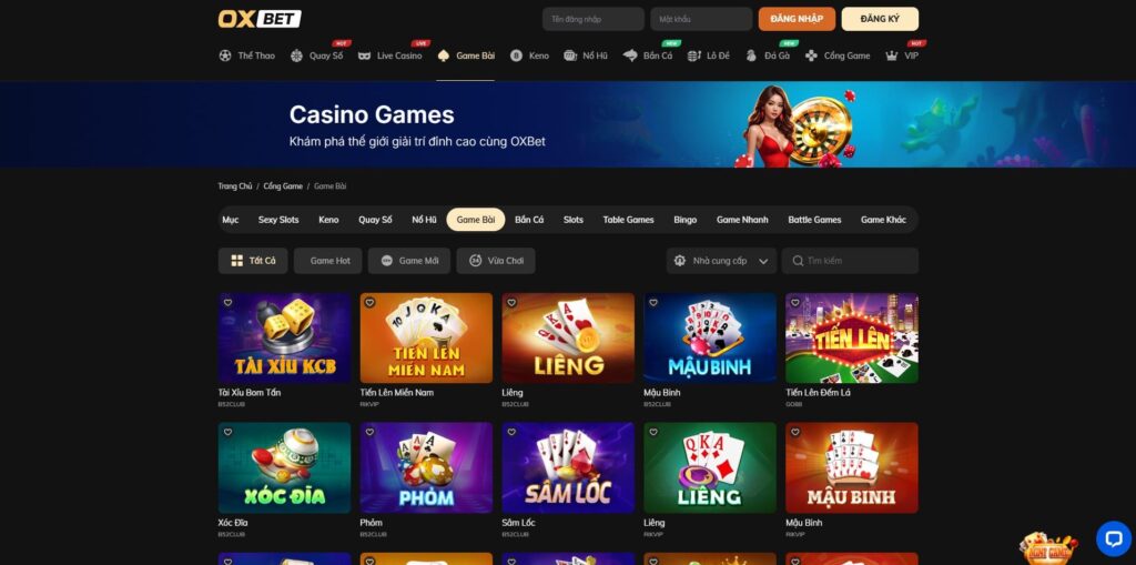 Giao diện sảnh game bài tại nhà cái Oxbet