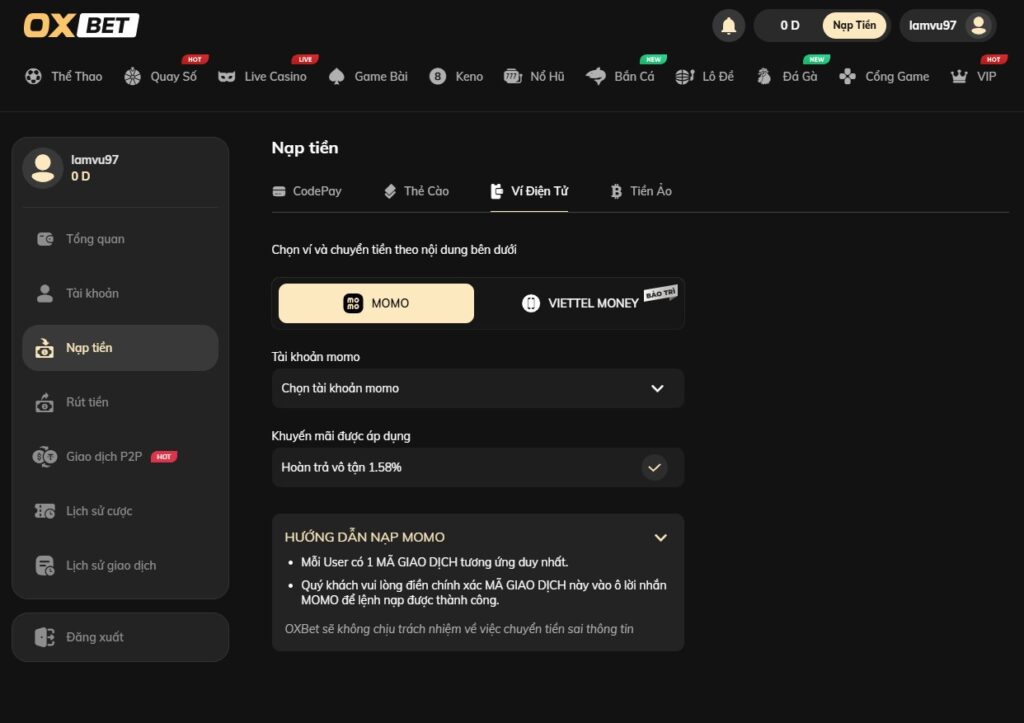 Nạp tiền tại Oxbet qua ví điện tử