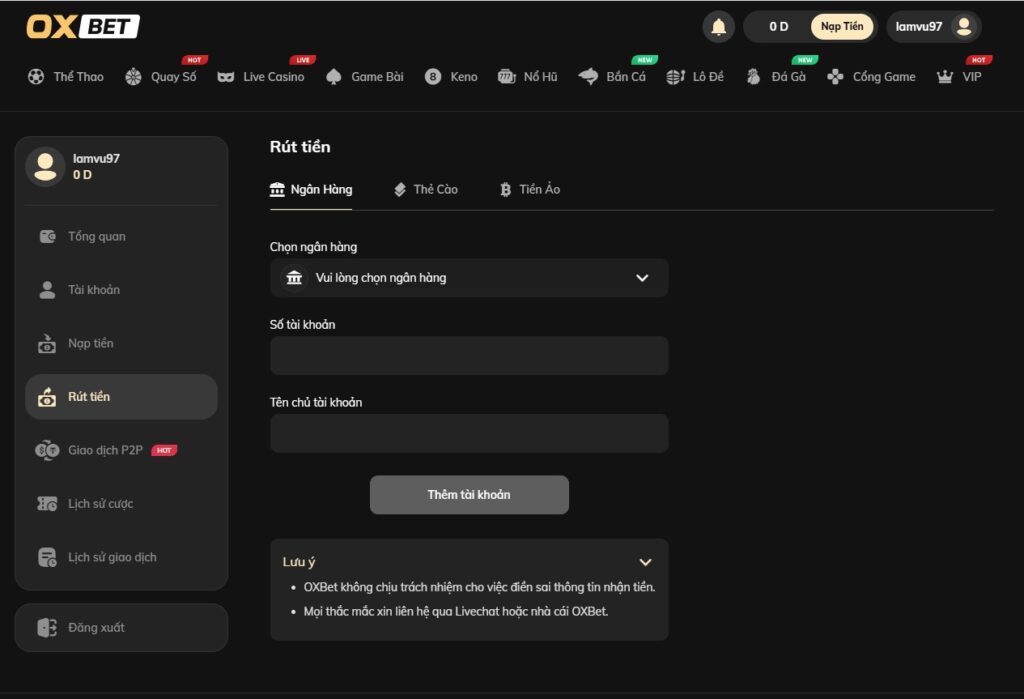 Rút tiền tại Oxbet qua ngân hàng