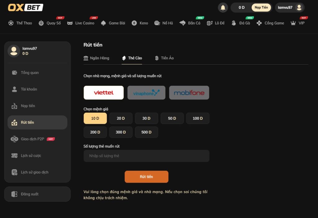Rút tiền tại Oxbet qua thẻ cào