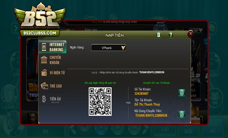 Hướng dẫn nạp tiền vào B52 Club